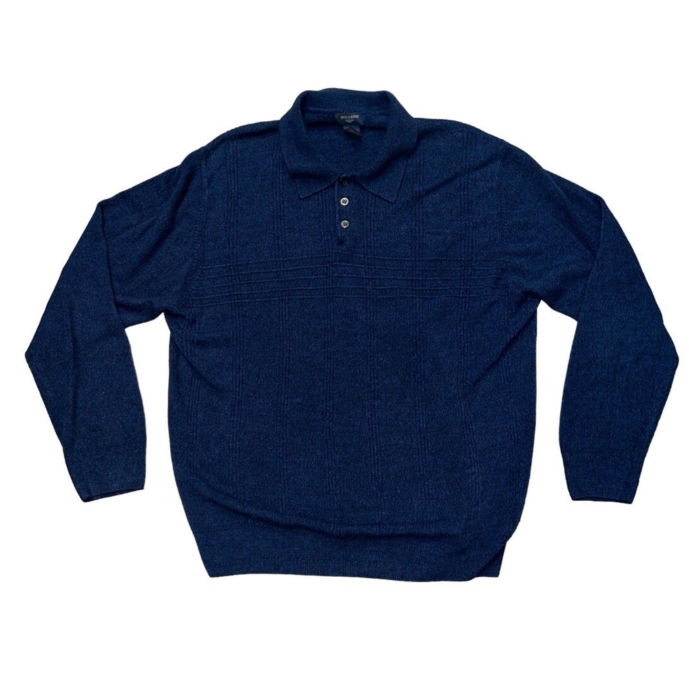 Dockers Men 2XL Navy Blue Black Acrylic Pullover  Sweater 3 Button Collar Soft